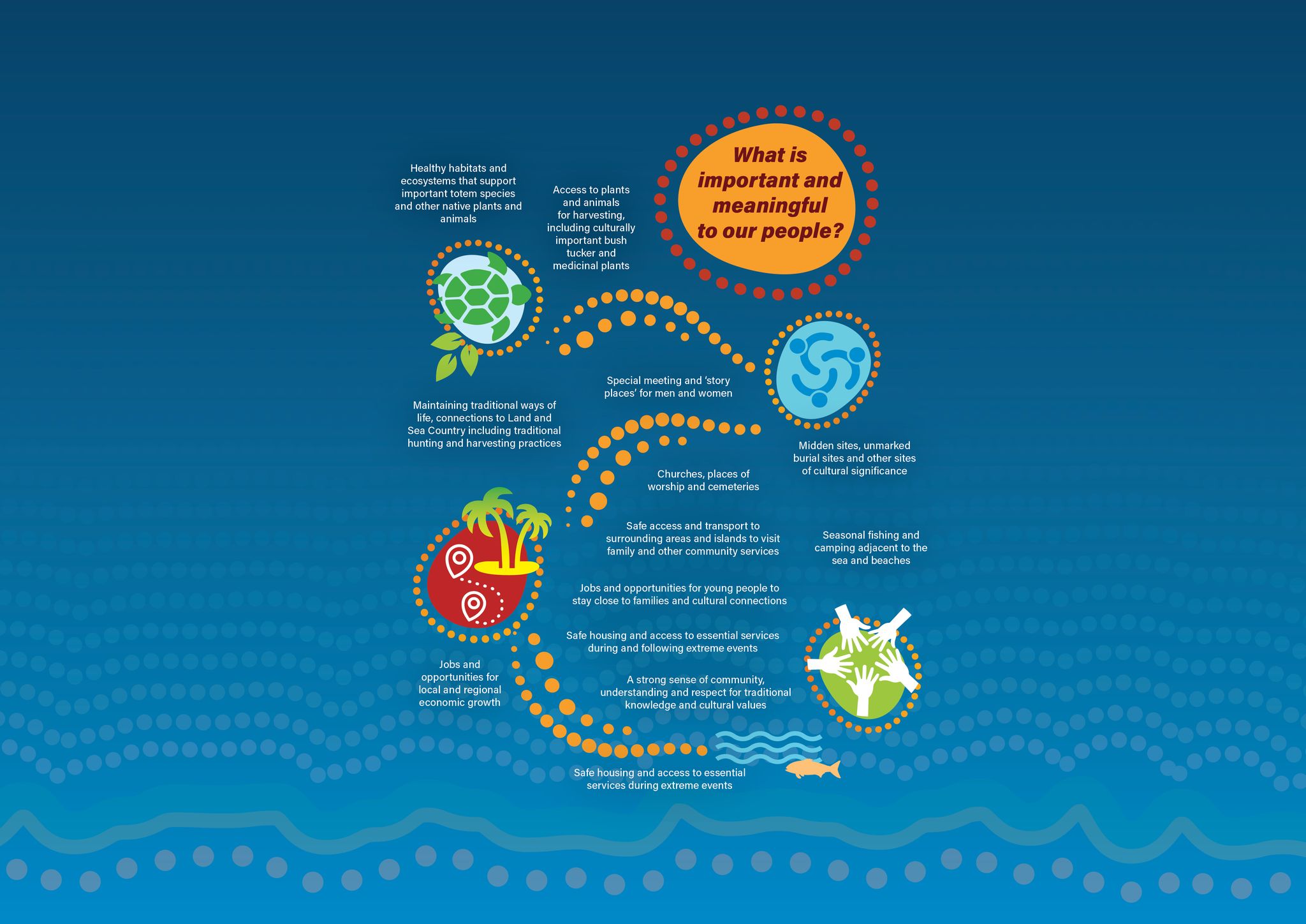 Diagram depicting a summary of what Yumpla Coast community Elders and leaders said was important and meaningful to them about their coast.